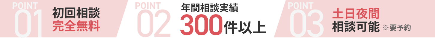 point01初回相談完全無料 / point02 年間相談実績300件以上 / point03 土日夜間相談可能※要予約